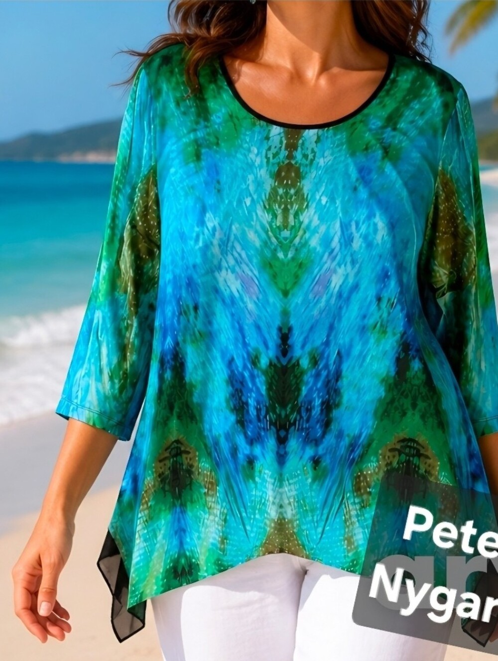 Peter Nygard Sharkbite Blue and Green Abstract Print Tunic. Size XL